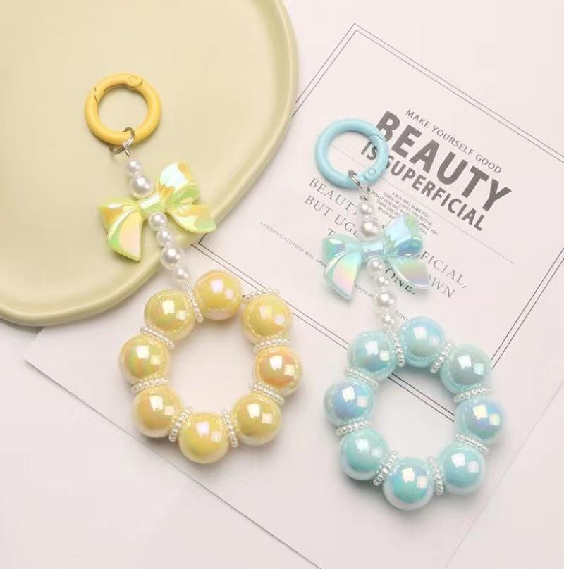 Korean Bow Pearl Pendant For Iphone Girl Phone Key Chain Jewelry Gifts Charm Hanging Cord Bracelet Lanyard Colorful Bead Chain