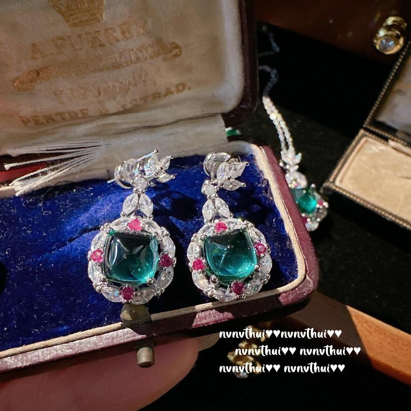 Margaret Tip Jewel Necklace, Antique, 18K Gold Plated, Mojito Green Sugar Tower Zircon Earrings Combination