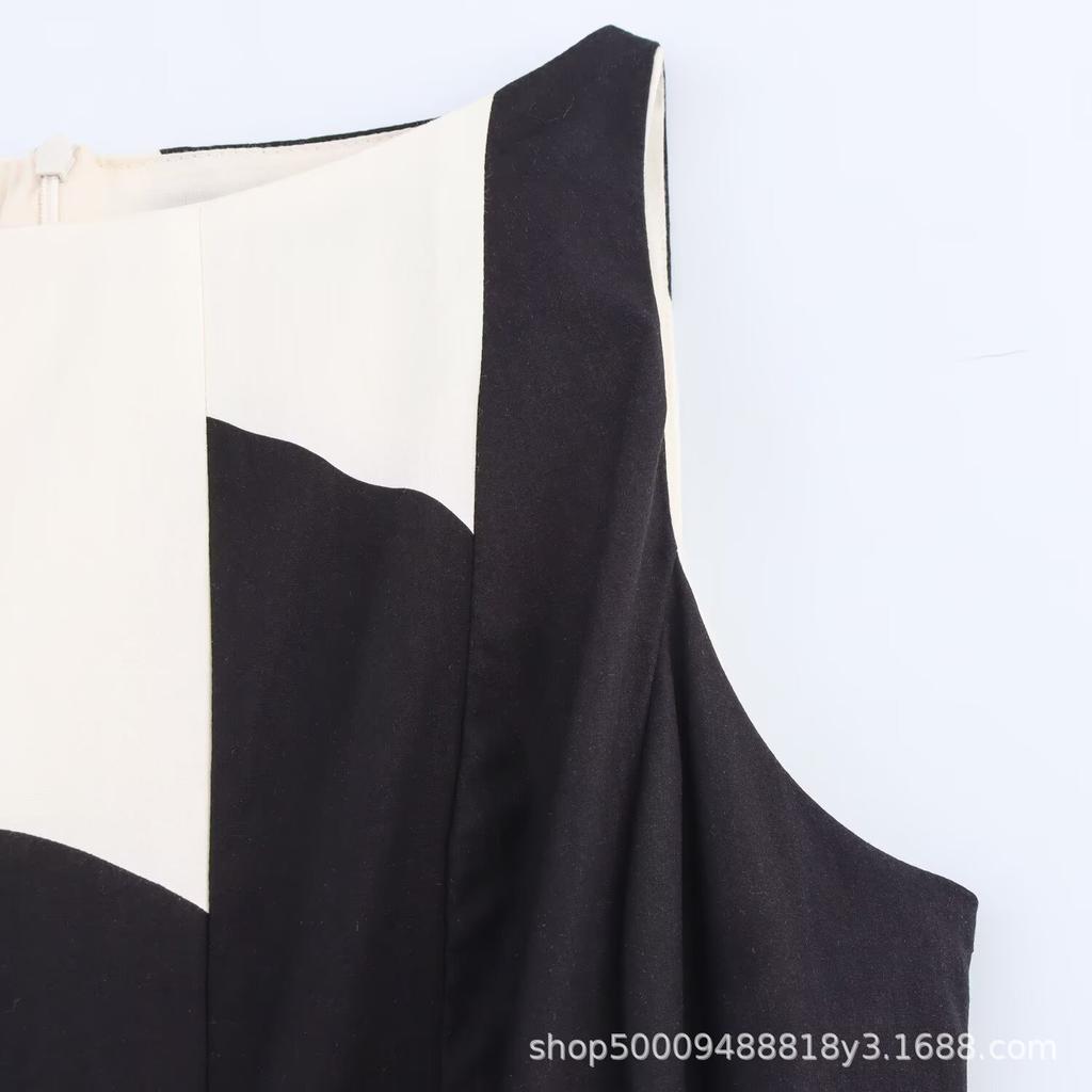 Women's Summer New European and American Style Splicing Contrasting Color Round Neck Sleeveless Balloon Version Dress