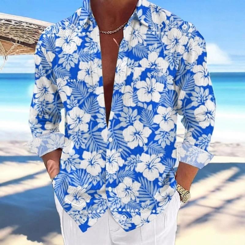 Herren Geblümt Langarmshirt Locker Leicht Strandurlaub Knopfleiste Oberteile