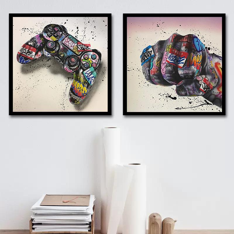 Graffiti-Kunst, Gamepad, Fingergeste, Löwe, Poster und Drucke, abstrakte Leinwandmalerei, Wandkunst, Bilder für Zuhause, Raumdekoration