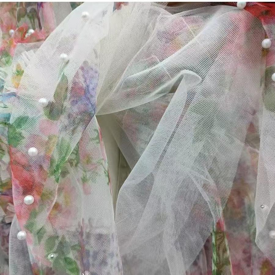 Reinforcement Nail Pearl Patchwork Printed Mesh Cake Dress Half Skirt for Girls New Hollow Out Long Dress