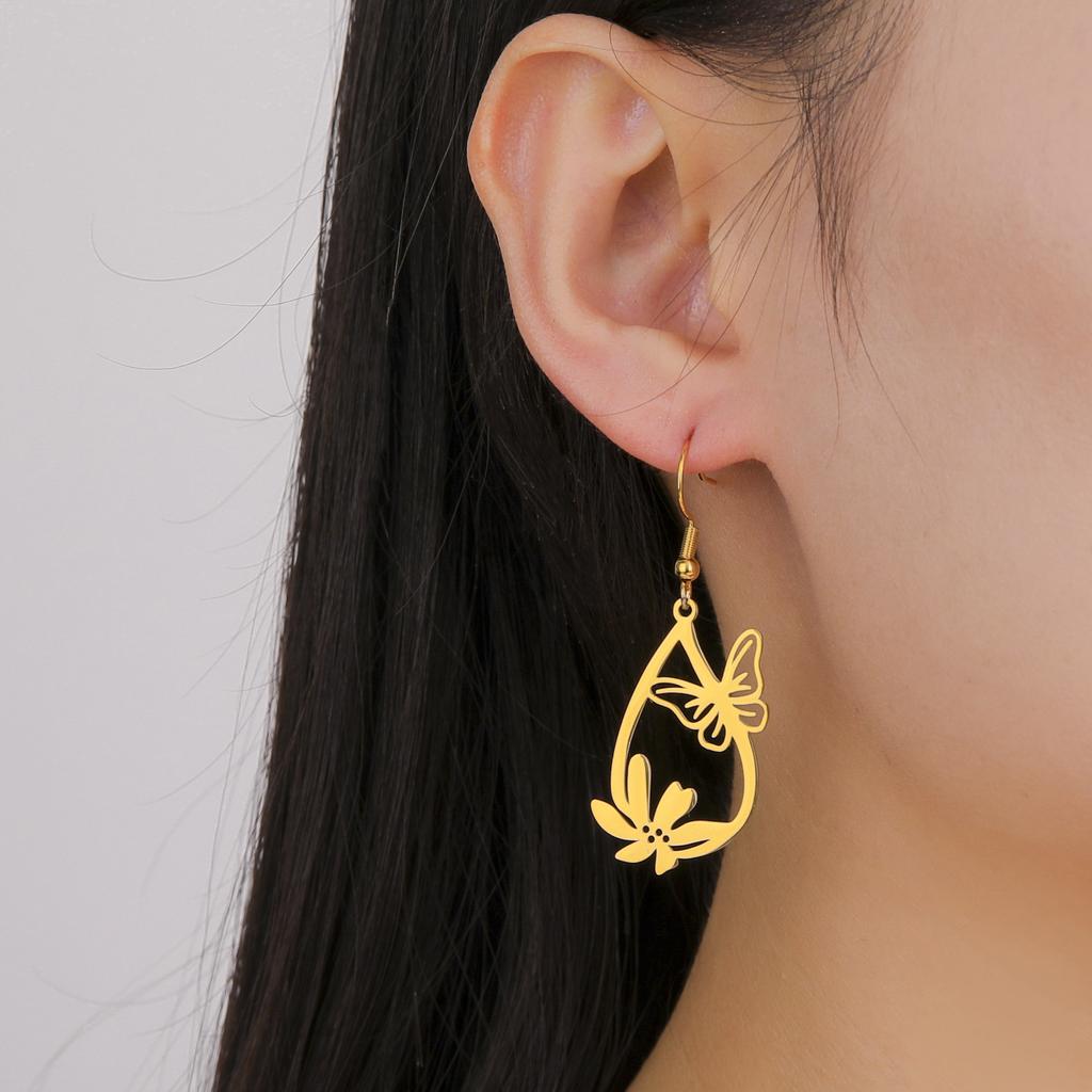 Teamer Butterfly and Flower Waterdrop Pendant Earrings Women Girls Stainless Steel Gold Color Hoop Earring Bohemian Jewelry Gift