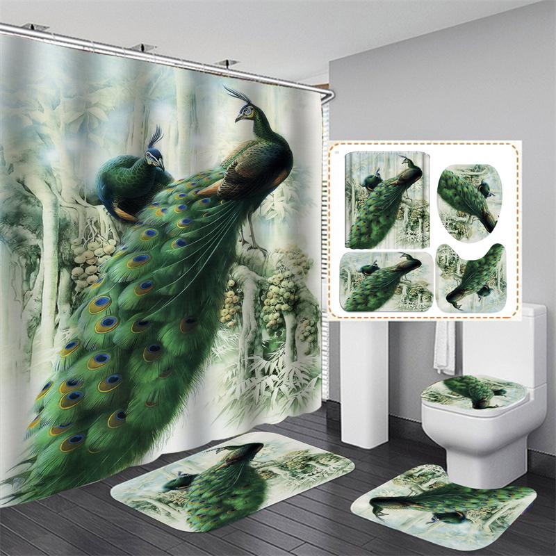 3D Print Shower Curtain Waterproof Polyester Bathroom Curtain Anti-slip Bath Mat Set Toilet Rugs Carpet Home Decor 4PCS
