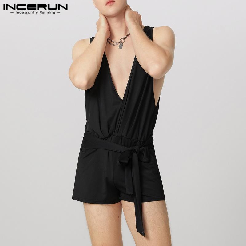 

INCERUN Mens Deep V Neck Sleeveless Front Belt Short Romper Jumpsuits Home Wear S