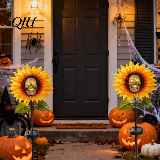 Solar Garden Lights Outdoor Waterproof Stake Light, Gothic Skull And Sunflower Statue Lamp, Halloween Decor LED Landscape for Patio Lawn Yard Pathway