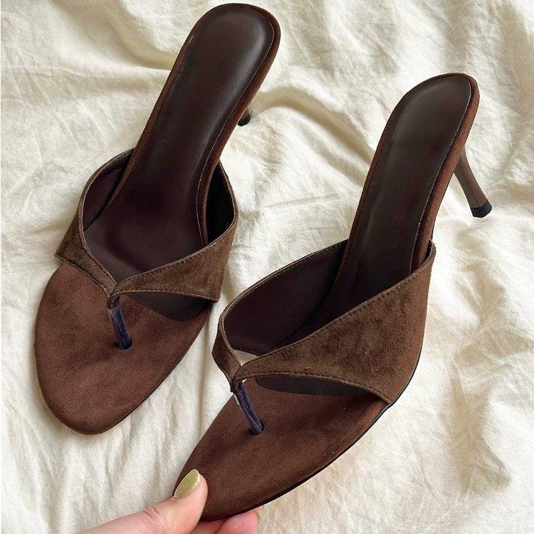 Soft Leather Version~ Retro High-heeled Toe Cool Slippers Flip-flops Women's Outer Wear with Skirt Simple Temperament Stiletto Sandals