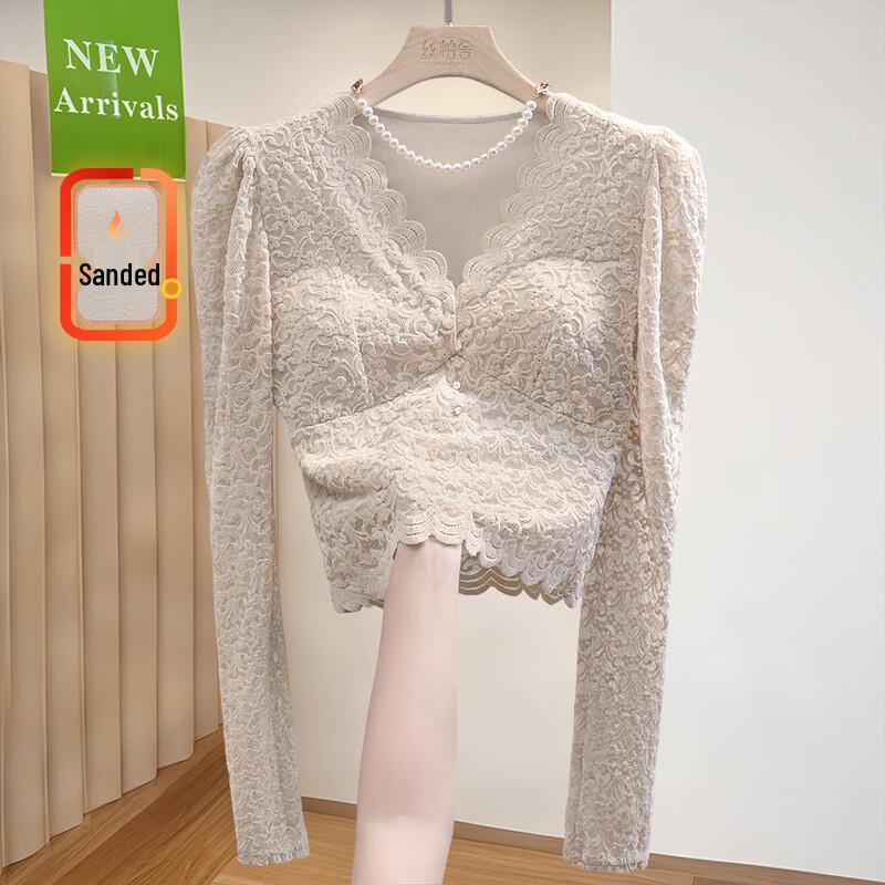 Sibaisha Women s Autumn V-Neck Lace Long-Sleeve Slim Top L