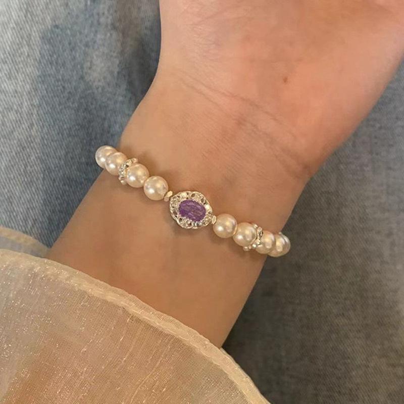 Hot Selling Pearl Beaded Bracelet 2025 New Oval Purple Zircon Pigeon Egg Elastic Rope Bracelet