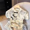 2025 Summer and Summer Slim-fit Bubble Sleeve Top Improved Cheongsam Bamboo Leaf Print Drawstring Shirt Women