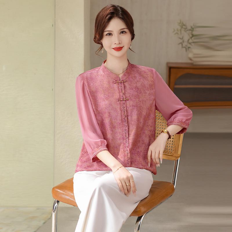 Stylish Seven-Sleeve Printed Blouse for Middle-Aged & Elderly Women 185