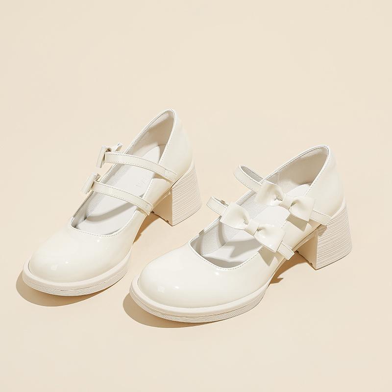 French beautiful high-heeled Mary Jane shoes women's 2025 early spring new round head thick heel bow college style jk single shoes