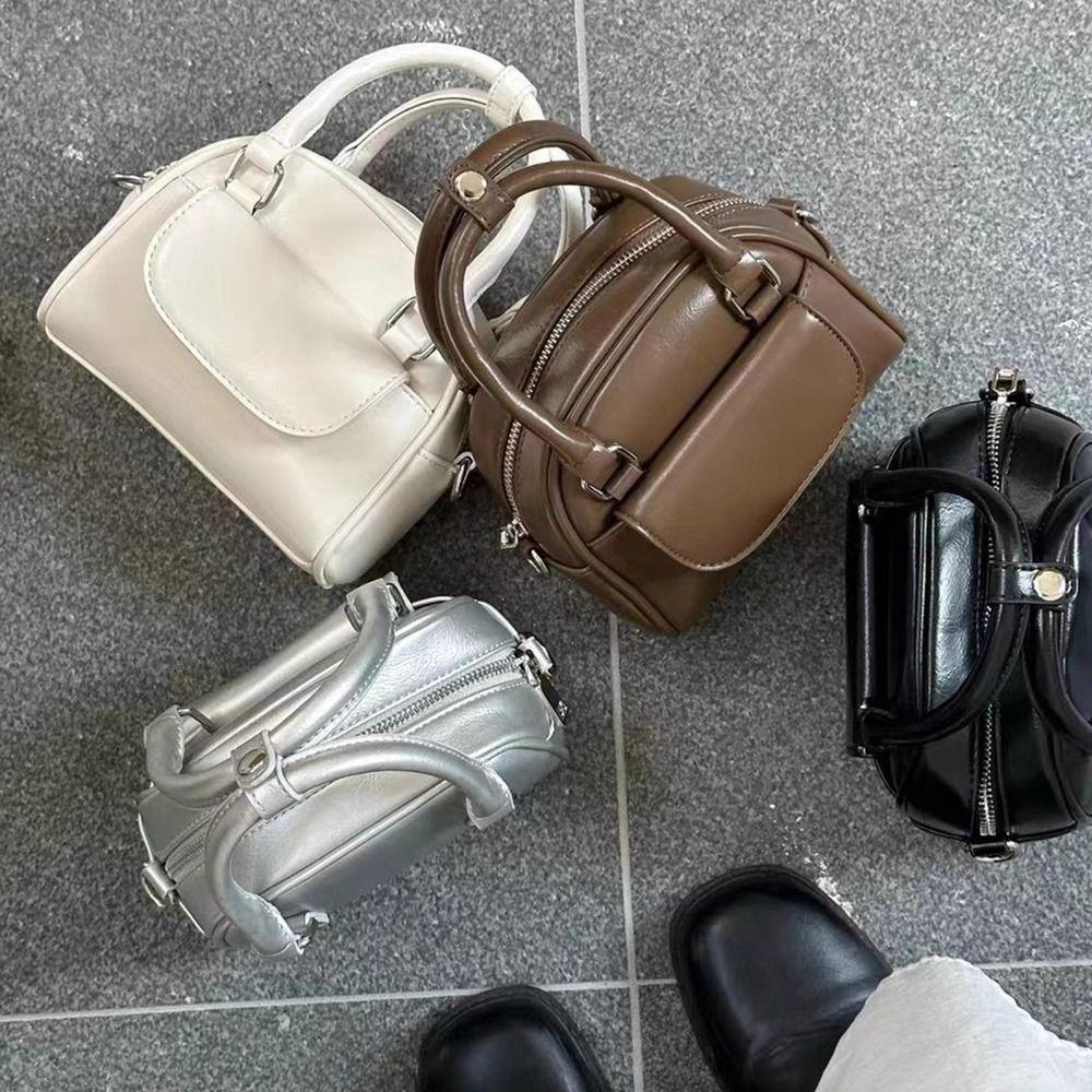 PU Leather PU Bowling Bag Makeup Bag Boston Bag Elegant Silver Handbag  Travel