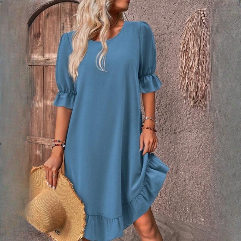 GMXIA Rochii de primăvară/vară pentru femei, vintage, din bumbac și in, cu mânecă medie, cu guler în O, culoare solidă, cu tiv lejer