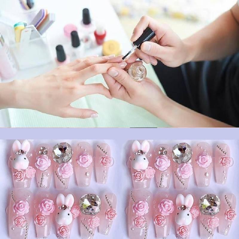 Handmade Cute Cartoon Bunny Pink Camellia Nail Art Creative Pet For Women Xs S M L Cream Hug Bunny Medium Wearable Style