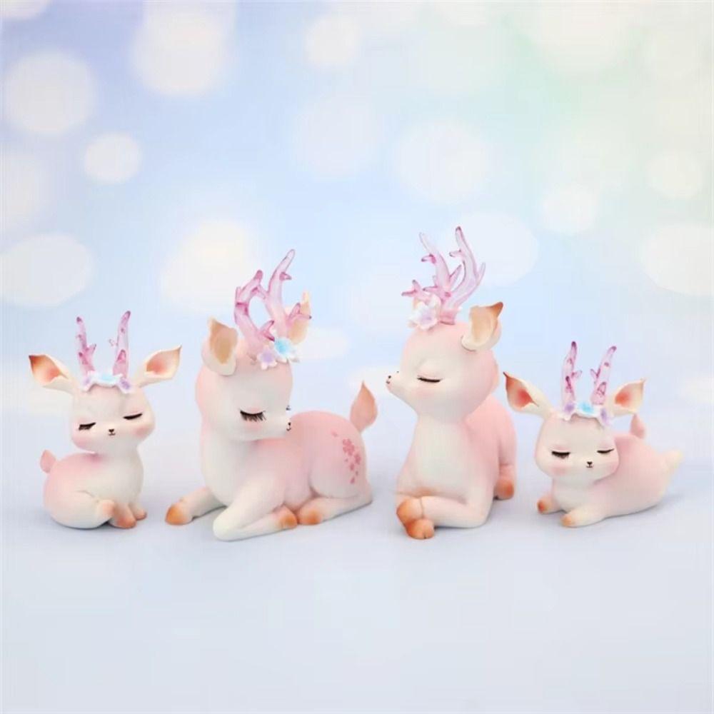 Kawaii Resin Pink Deer Ornament Mini Deer Birthday Cake Decor Baby Deer Doll Sculpture Bedroom