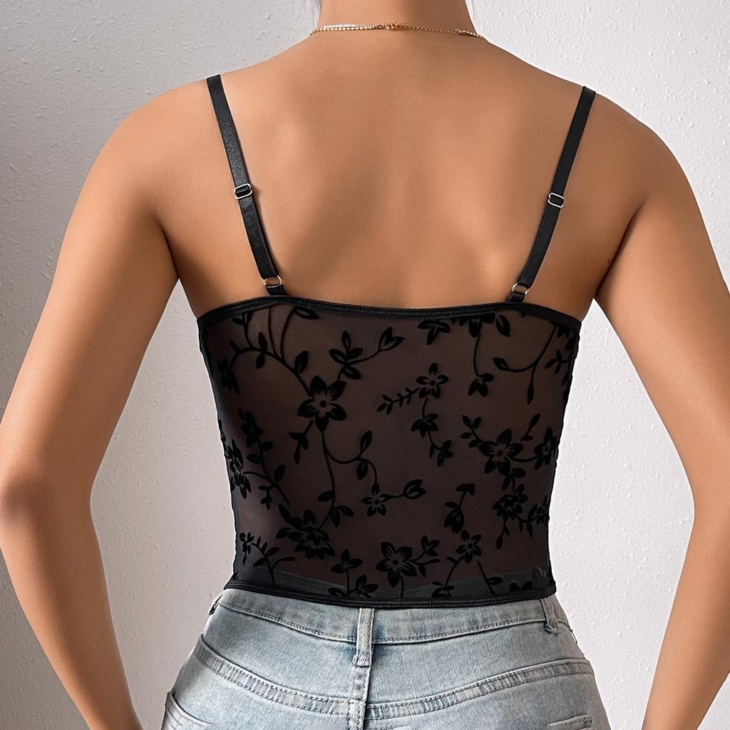 Women's Spice Girls Low-cut See-through Halter Splicing Mesh Fishbone Waistband Short Top