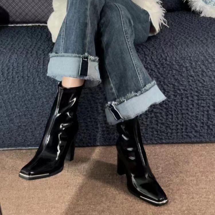 French Small Man High Heel Square Head Temperament Martin Boots 2025 Autumn and Winter New Patent Leather Boots Short Boots Thick Heel