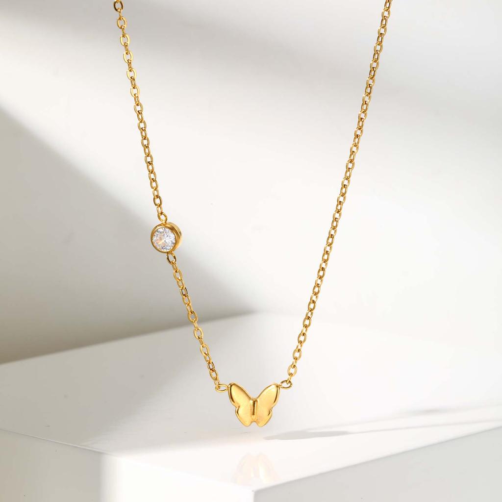 Dainty Zircon Bowknot Flower Heart Pendant Necklace for Women, Stainless Steel Gold Plated Charm Necklace, Chic Luxury Jewelry