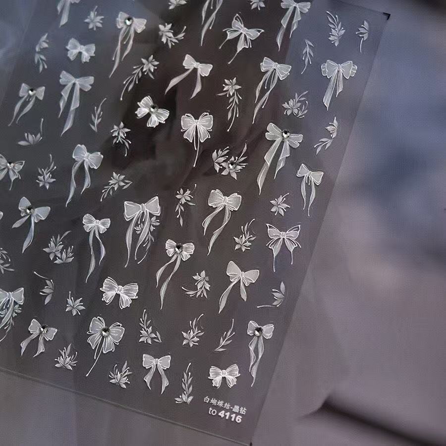 

Crystal Diamond Shell Light White Bow Nail Stickers Ins Pearl Elegant Tassel Long Bow Nail Decoration T166-Flower Bow, Crystal Diamond