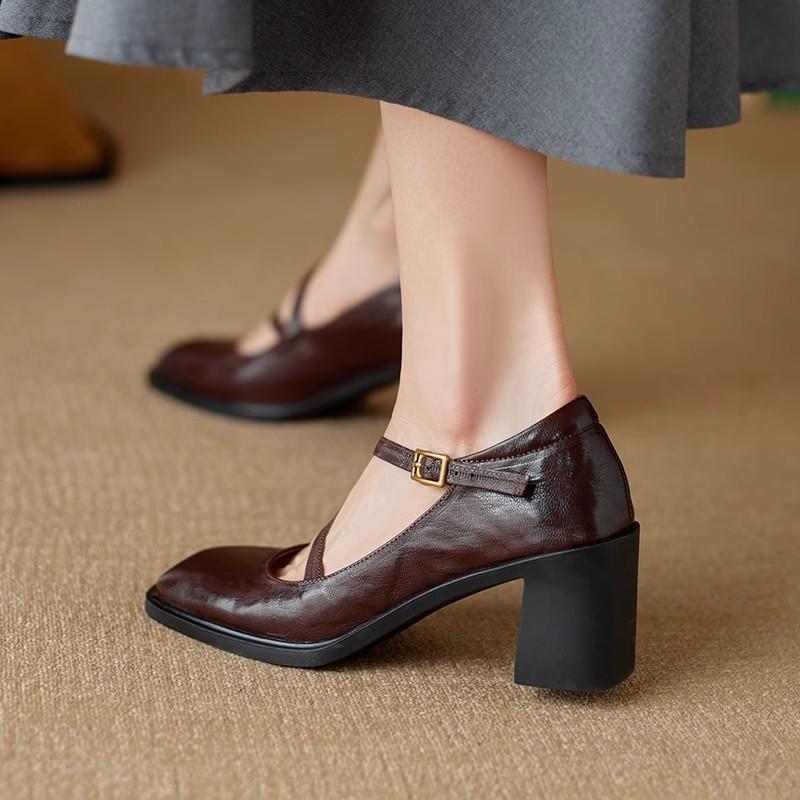 Spring Double-strap Silent Mary Jane Square Head Thick Heel Rubber Sole Leather Mary Jane Shallow Mouth Single Shoes