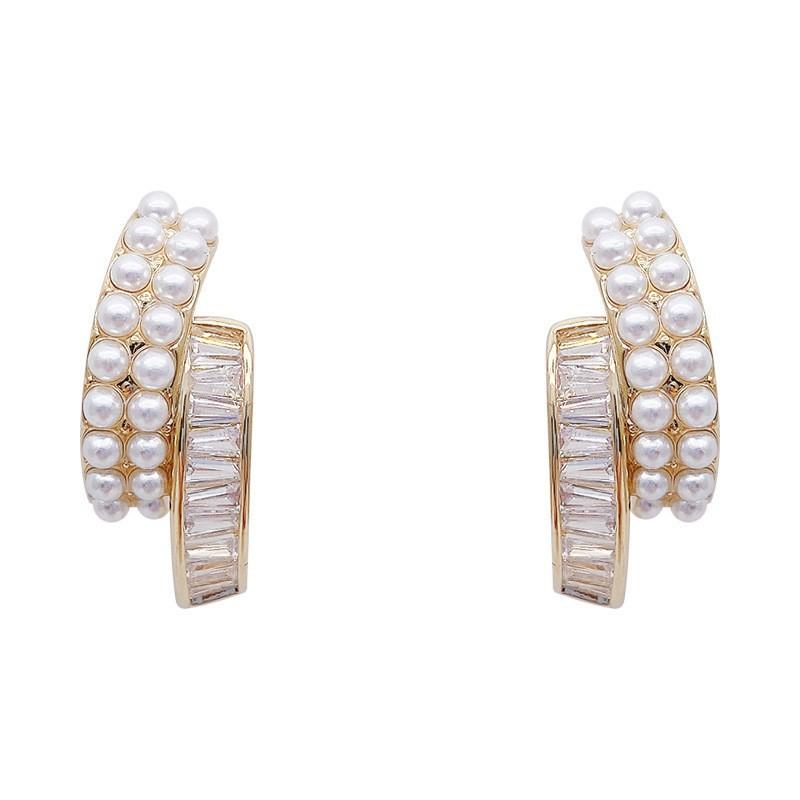 Diamond-set double-layer pearl stud earrings 1111 new trendy design earrings simple and cold wind stud earrings