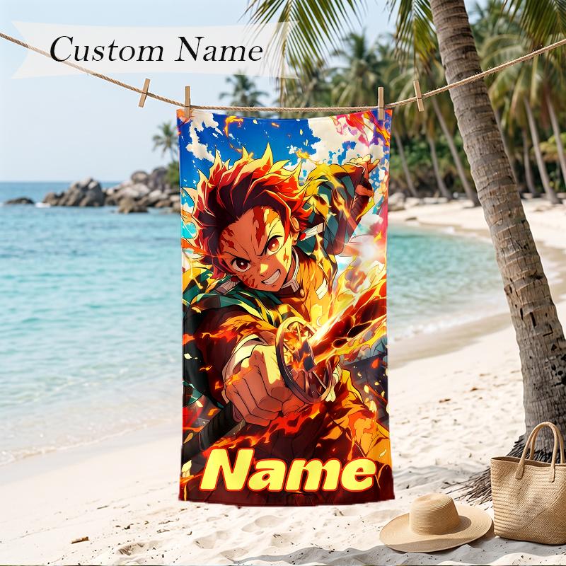 Tanjiro Custom Name Printed Beach Towel Personalized Soft Towel For Swimming Beach Travel