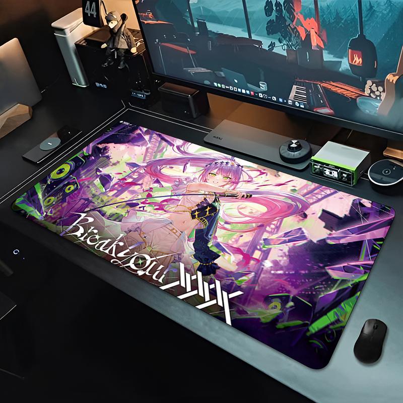 Large Gaming Mouse PadAntislip Rubber Base Stitched Edges Purple Hair Demon Anime Girl Art Print Extended Office Gamer Mat