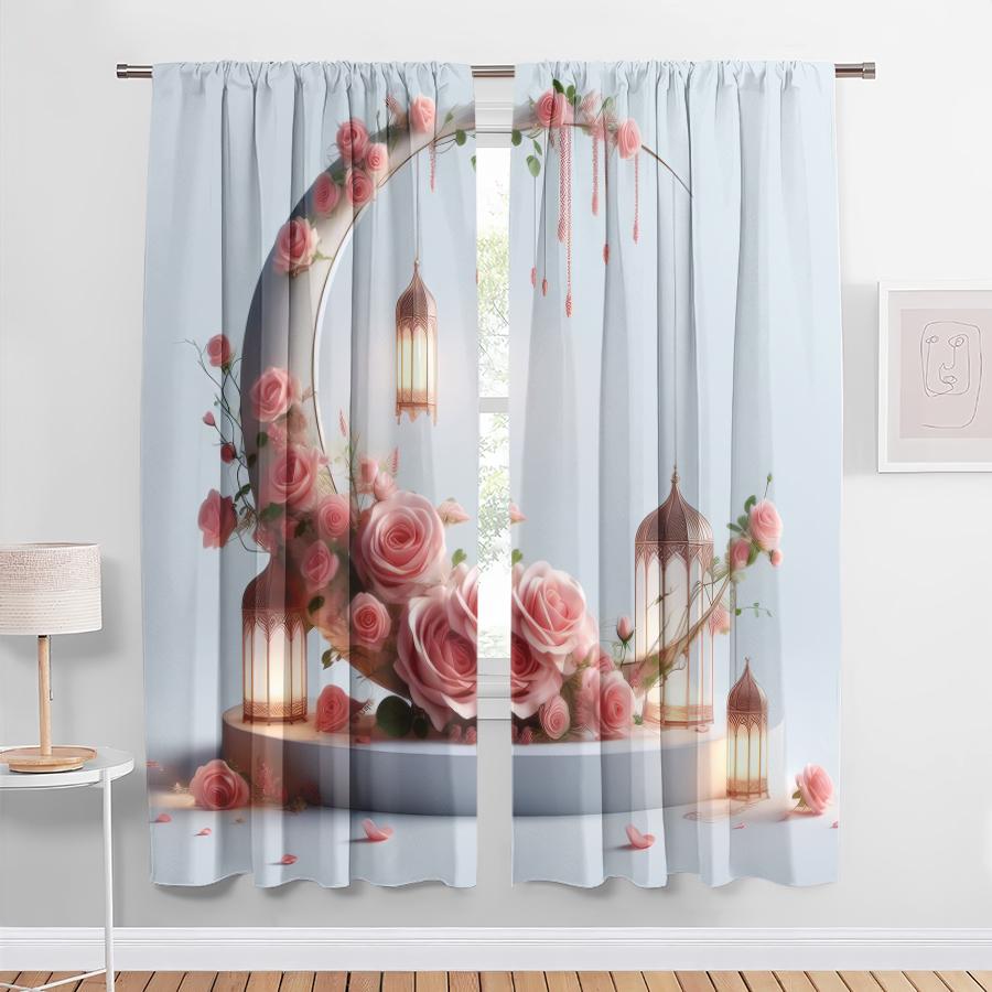 

Light Blue Islamic Floral Curtains Romantic Style Bedroom Living Room Decoration Drawbar Pocket Curtain Set Of 2 Made Polyester Washable Ready W100*H70(CM)-Rod Pocket&2PCS