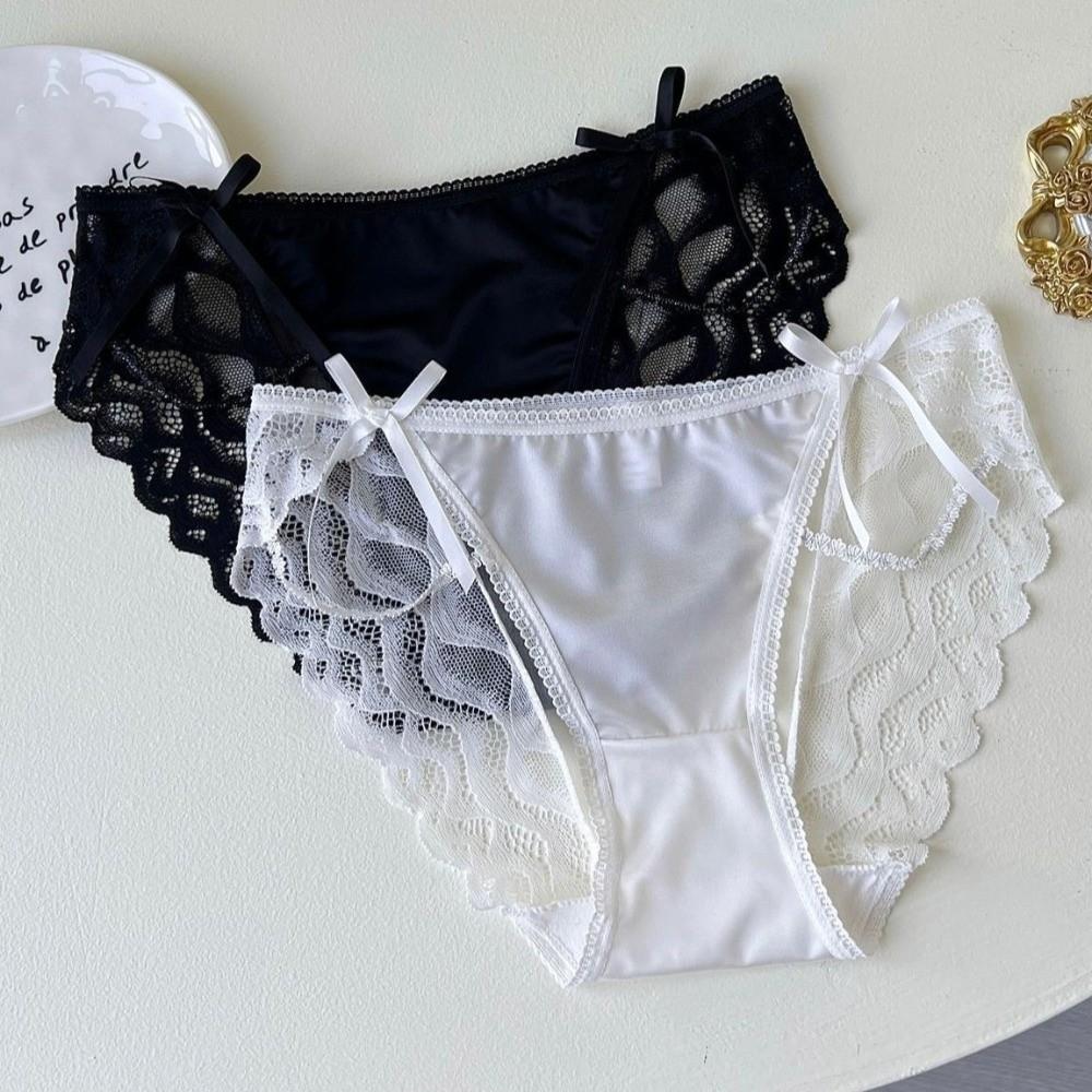 Bow Satin Silk Briefs Transparent Lace Mesh Briefs Thin Women Underwear Gifts