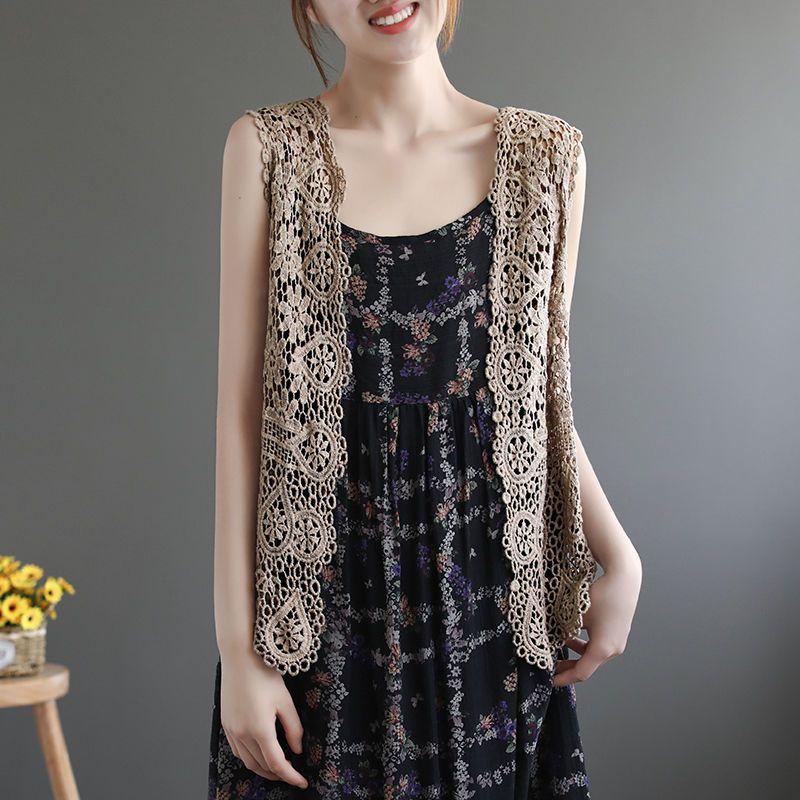 Summer Women Lace Vest Loose Cut-out Cardigan Vest Bohemian Style Cotton Woven Open Front Vest Thin Outwear