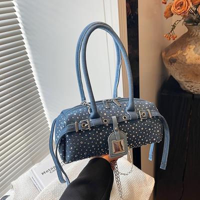 Frühling und Sommer 2025 neue Damenhandtasche Mode Nieten-Handtasche Große Kapazität Schulter-Crossbody Vielseitige Jeans-Tragetasche