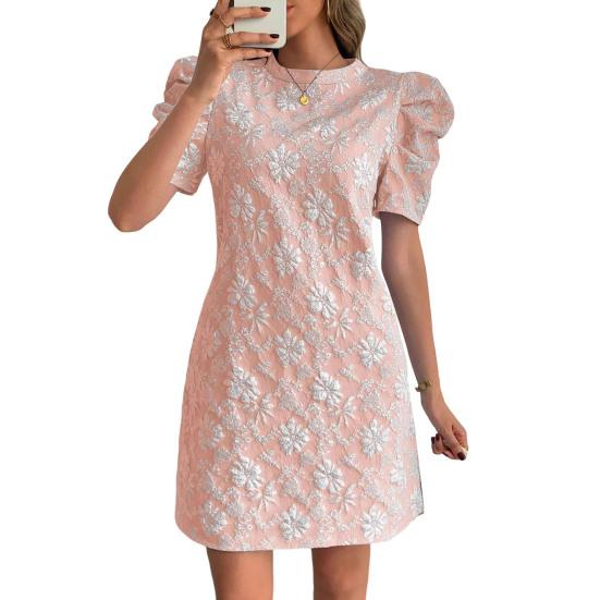 Women's Textured Jacquard Dress Crewneck Short Puff Sleeve A-line Dress Summer Floral Mini Dresses