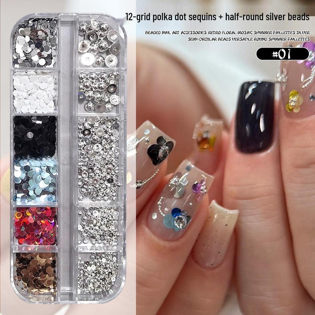Polka Dot Retro Patchwork Sequin Nail Art Decorations - Silver Beads and Versatile Designs