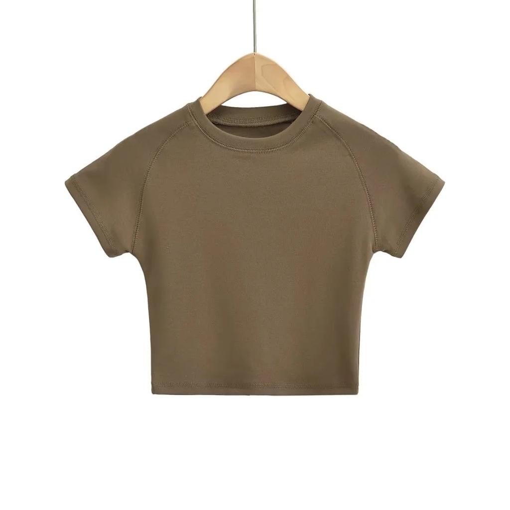 Small Round Neck Exposed Navel Tight Short Sleeved European And American Style Women'S Clothing New Solid Color T-Shirt Spicy Girl Tight Top