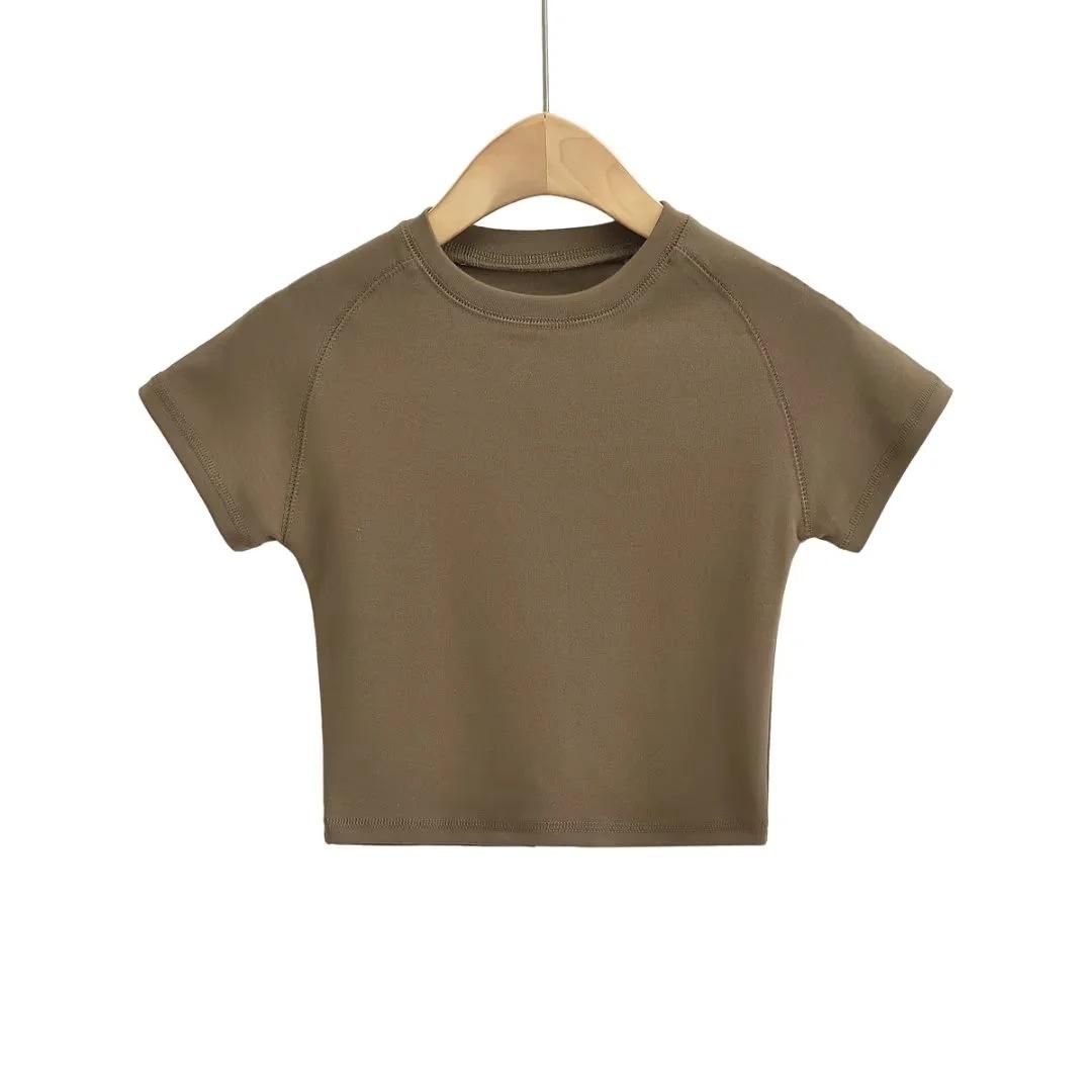 

Маленька футболка з круглим вирізом, відкритим животом, обтисла, з коротким рукавом, європейського та американського стилю, жіночий одяг, нова однотонна футболка, обтислий топ у стилі Spicy Girl M армія зелений колір