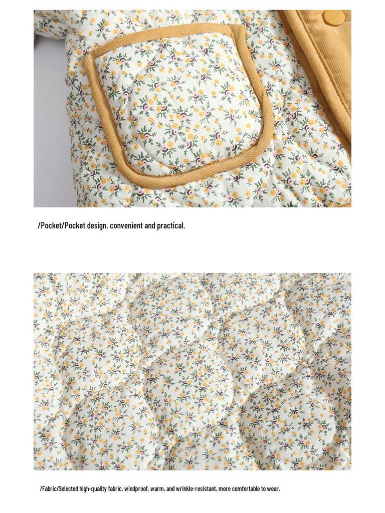 2023 Korean Style Girls' Floral Quilted Corduroy Winter Jacket