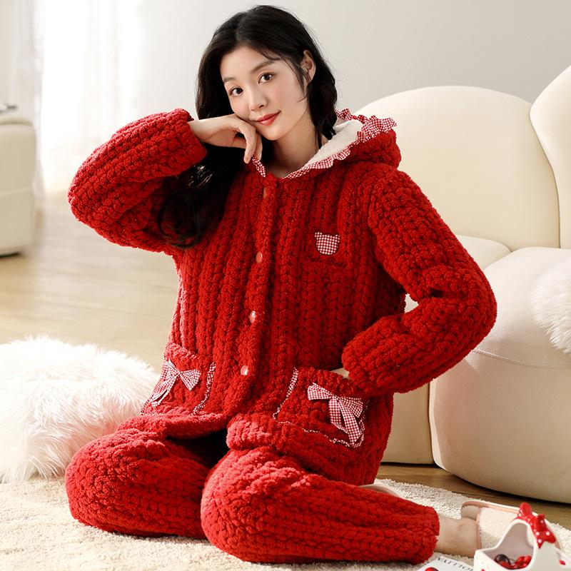 Coral Velvet Quilted Pajamas Women's Winter Three Layer Thick and Fleece Home Wear Women's Winter Flannel Thermal Set