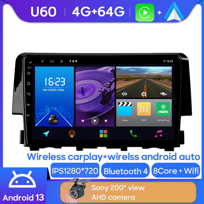 Android 14 For Honda Civic 10 FC FK 2015 - 2020 Car Radio Multimedia Video Player Android Auto Wireless Adapter