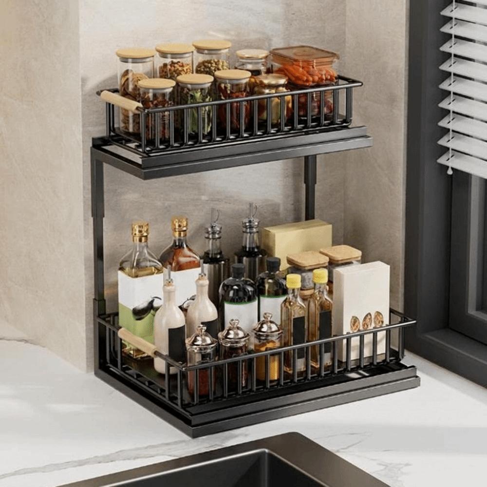 Carbon Steel 2-Tier Under Sink Organizer Rustproof Slide Out Cabinet Storage Shelf Bathroom