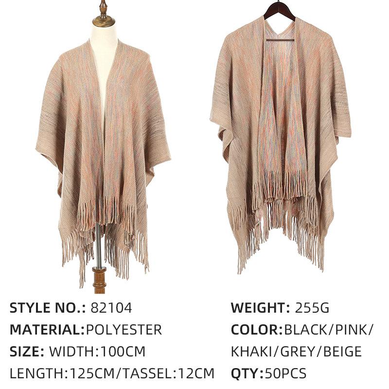 Women Gradient Space‑Dye Tassel Poncho Cape, Polyester Knit Open Front Shawl Wrap, Casual Soft Oversized Shoulder Cover Outerwear