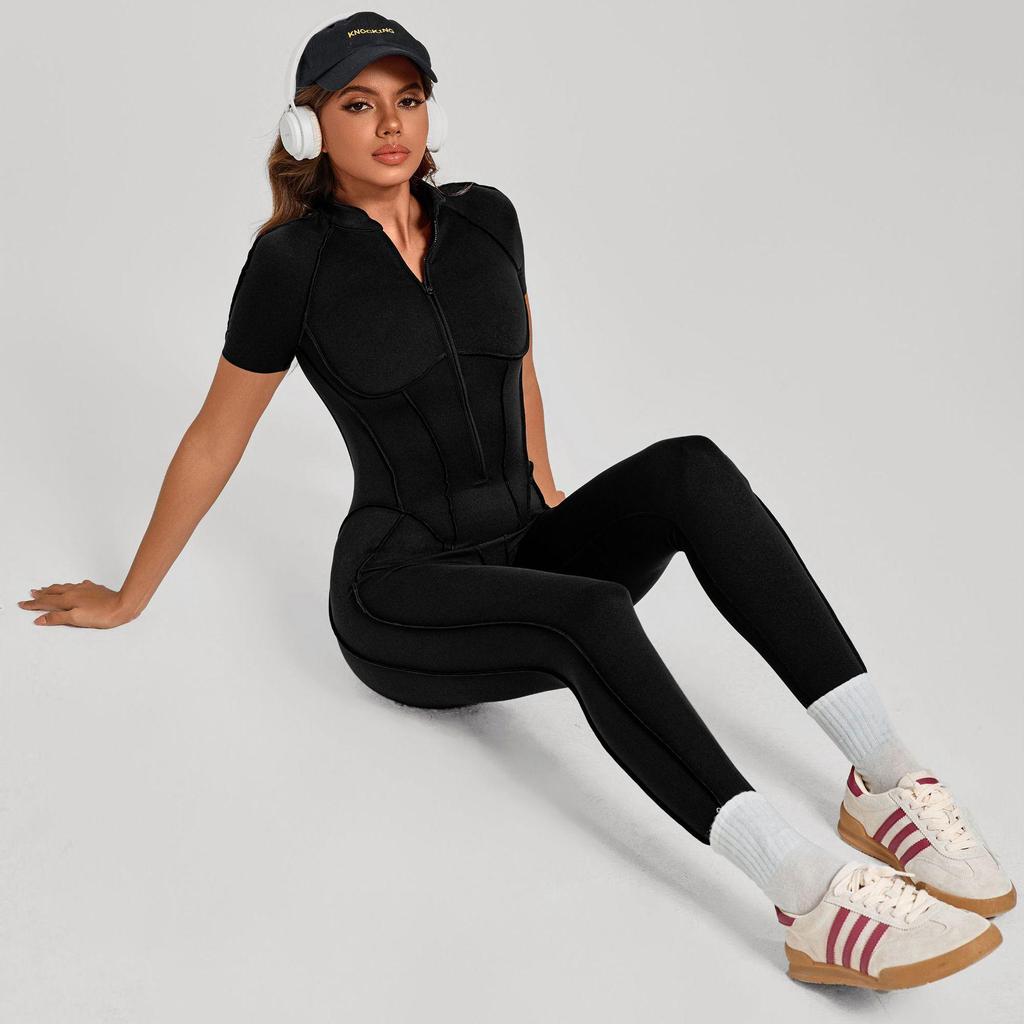 Women's Short-Sleeve Half-Zip Tummy-Control Yoga Jumpsuit