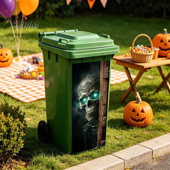 Large Vertical Decorative Stickers for Bins Halloween Wall Trash Can Decal Stickers, Spooky Skull Ghost Horror Creative Balcony Decals Outdoor Garbage
