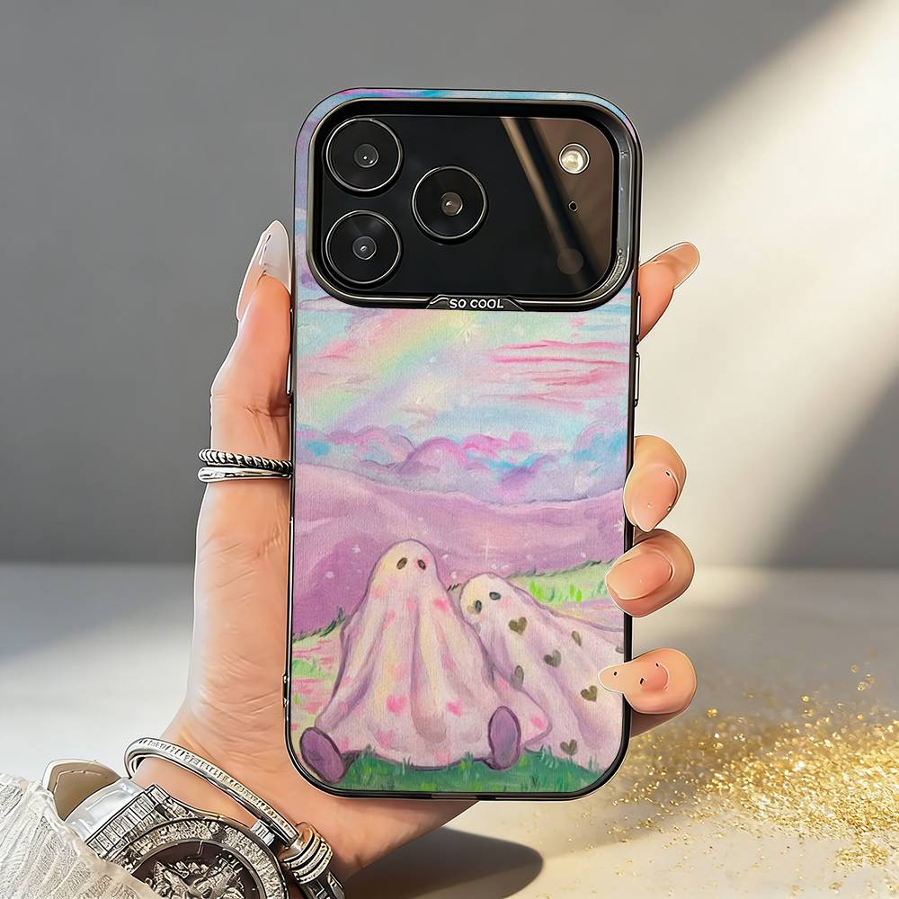 O-Oil Painting C-Cute G-Ghosts Lovely Phone Case For iPhone17 16 15 14 13 12Pro Max Grey Black Matte Laser Metallic Aurora Funda