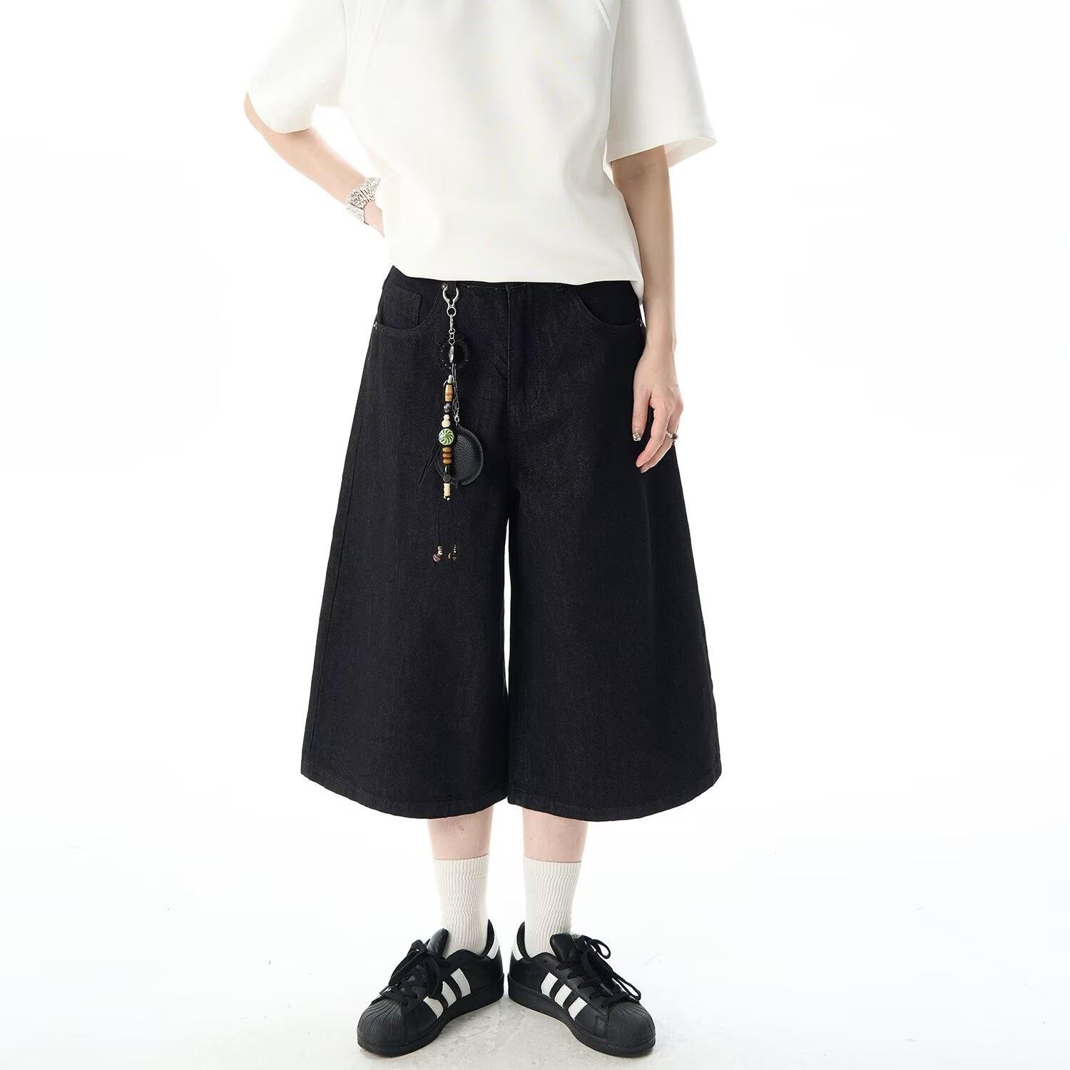 

Unisex American Retro Blue Cropped Jeans - Trendy Loose-Fit Straight Pants M джинсовий/чорний