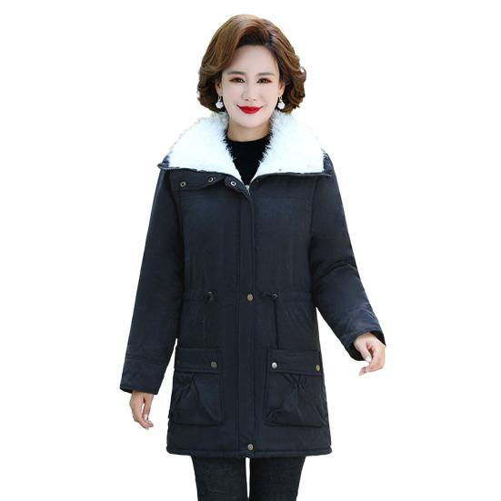 Winter Women Jacket Thickened Plush Turn-down Collar Long Sleeves Elastic Waist Pockets Zipper Closure Coat Mid Length Windproof Warm Coat