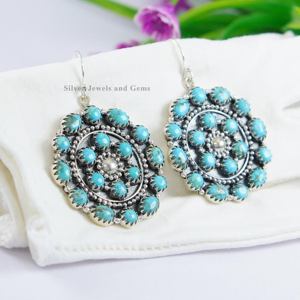 Arizona Turquoise Earrings: Sterling Silver Round Cluster, Handmade Earring
