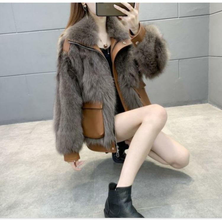 Invierno Estilo Coreano Piel Sintética de Zorro Cuello Náutico Plumífero Algodón Acolchado Abrigo Parka para Mujer