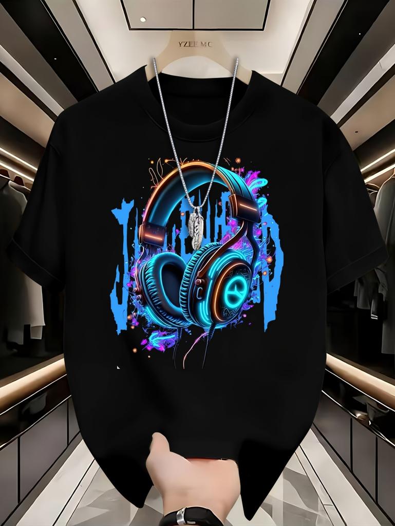 Men's T-Shirt Music Headphone Print Short Sleeve T-Shirt Lightweight Breathable Fabric Weekend Outfit Modern Style Men Clothes