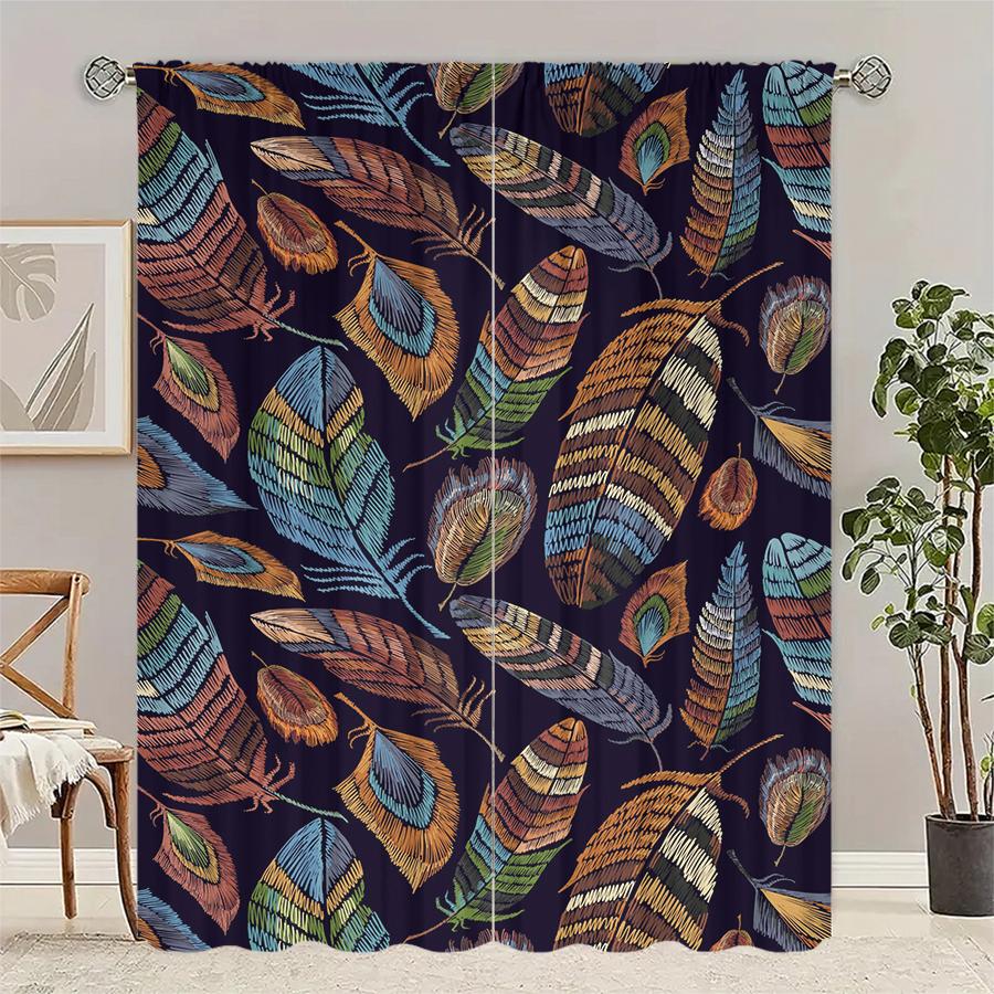

2pcs- Bohemian feather print curtains pole bag curtains Christmas decorations home decorations room decorations 100*130 Rod Pocket 1pcs